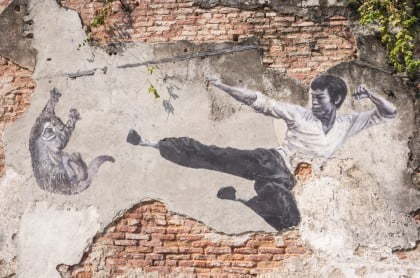 Autre oeuvre du projet "101 Lost Kittens", intitulé "The real Bruce Lee would never do this" (le vrai Bruce Lee ne ferait jamais ça). Elle est situé derrière un mur d'une ruelle ou vous pourrez croiser l'oeuvre inconnue ci-dessous non loin de la peinture d'Ernest Zacharevic "Boy on a bike".